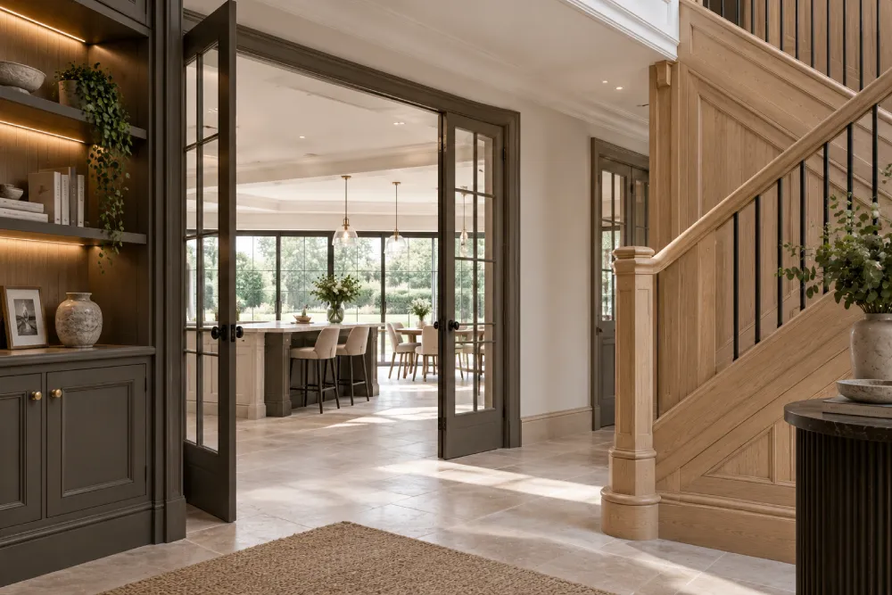 Luxury new build interior featuring bespoke staircase, fitted cabinetry and custom joinery