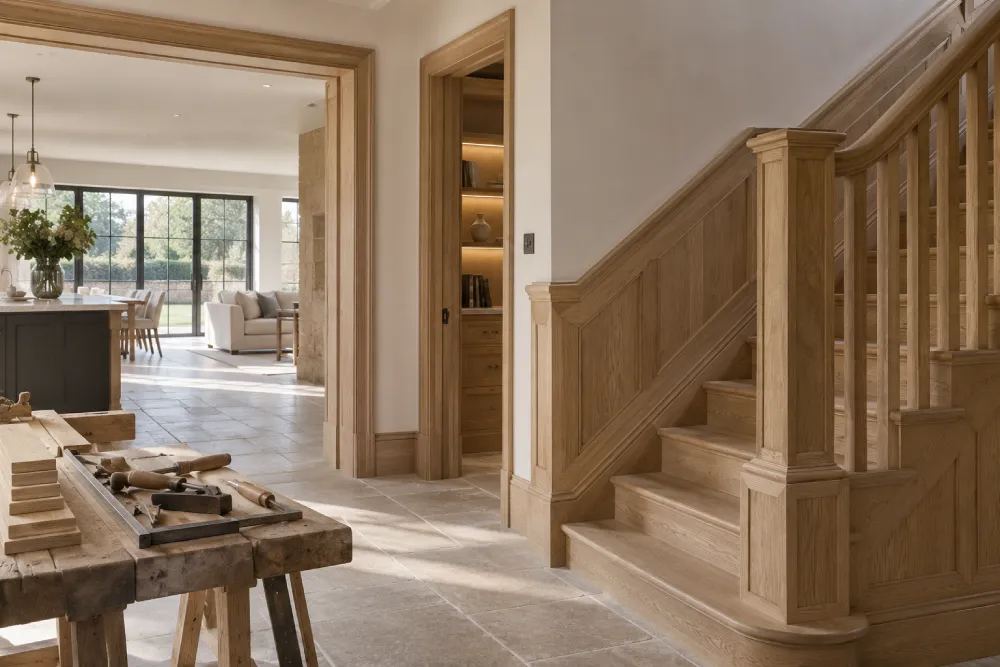 High-end new build interior showcasing bespoke oak staircase, detailed joinery and quality craftsmanship