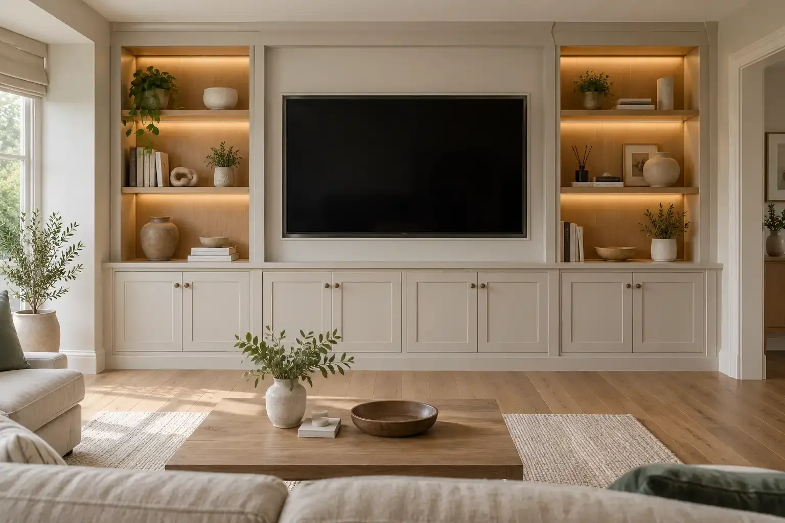 Bespoke media wall with fitted cupboards, oak shelving and integrated lighting.