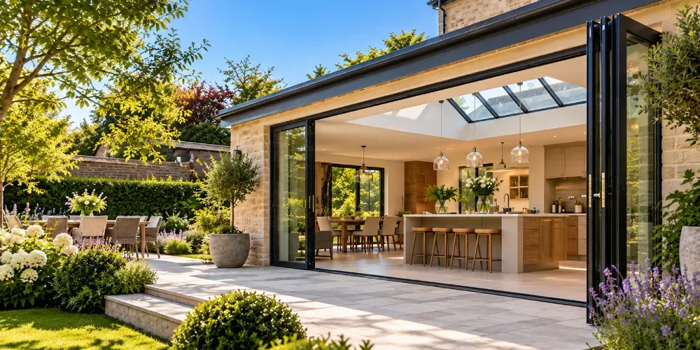 Luxury stone house extension with modern open-plan kitchen, bi-fold doors and landscaped garden in Oxfordshire