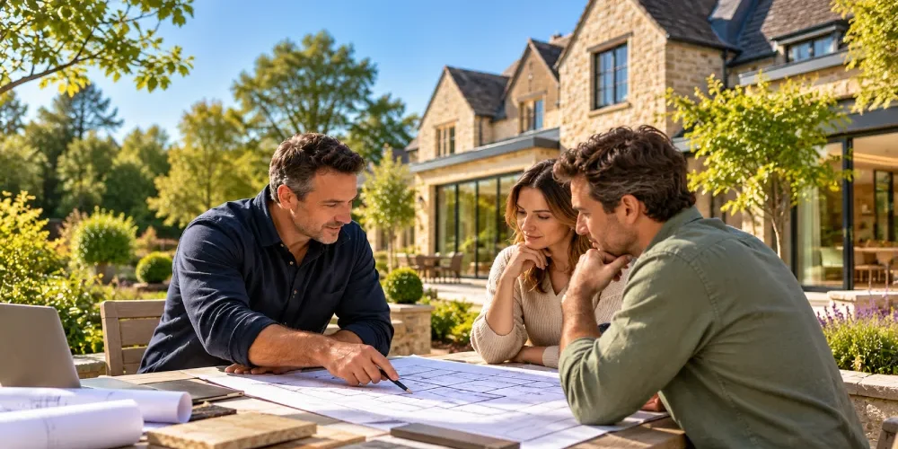 High-end residential builder discussing architectural plans with homeowners outside a luxury Oxfordshire home