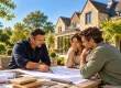 High-end residential builder discussing architectural plans with homeowners outside a luxury Oxfordshire home