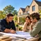 High-end residential builder discussing architectural plans with homeowners outside a luxury Oxfordshire home
